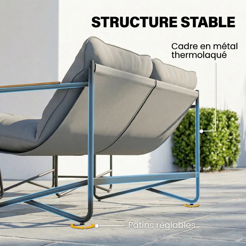 Lot de 4 salon de jardin canapé 2 places 114 x 74 x 67 cm coussins 13 cm assise respirante moderne en métal gris clair 21_0005384
