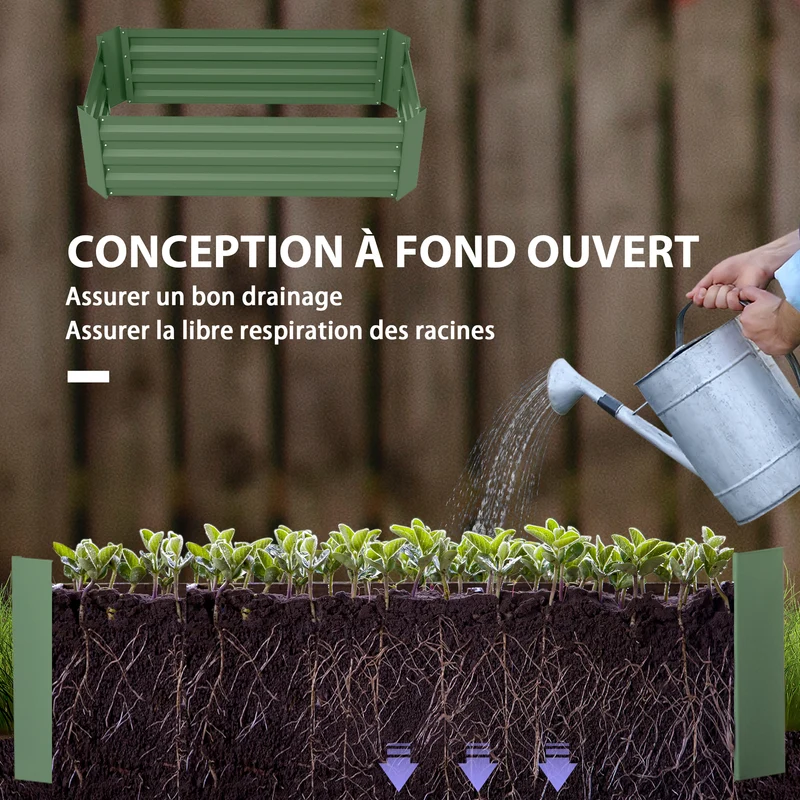 Lot de 2 bac potager rectangulaire jardin 100 x 50 x 30 cm rétention de chaleur montage rapide moderne en acier vert 21_0004212