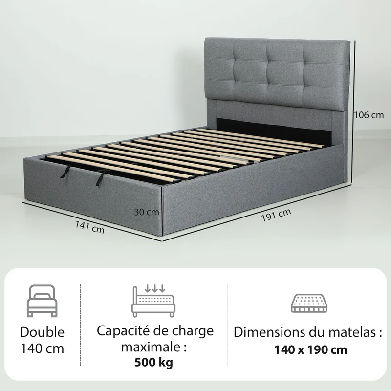 Lit coffre rembourré 140 x 190 cm grand rangement sommier à lattes contemporain doux tête capitonnée en polyester gris 21_0003759