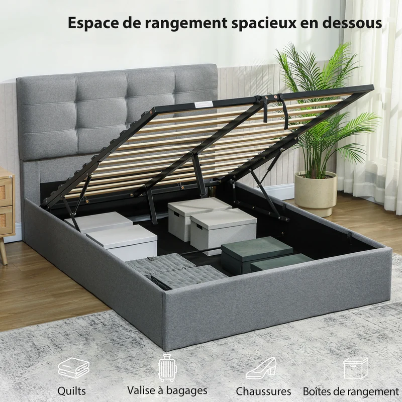Lit coffre rembourré 140 x 190 cm grand rangement sommier à lattes contemporain doux tête capitonnée en polyester gris 21_0003759