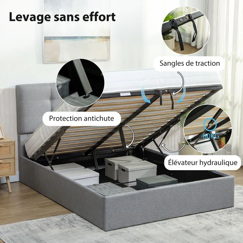 Lit coffre rembourré 140 x 190 cm grand rangement sommier à lattes contemporain doux tête capitonnée en polyester gris 21_0003759