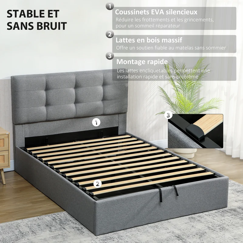 Lit coffre rembourré 140 x 190 cm grand rangement sommier à lattes contemporain doux tête capitonnée en polyester gris 21_0003759