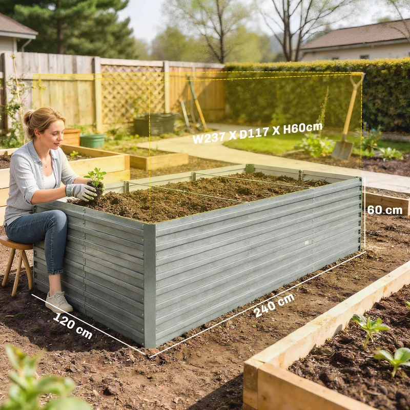 Jardinière surélevée potager 240 x 120 x 60 cm fond ouvert renforts internes jardin industriel en acier galvanisé gris 21_0005507