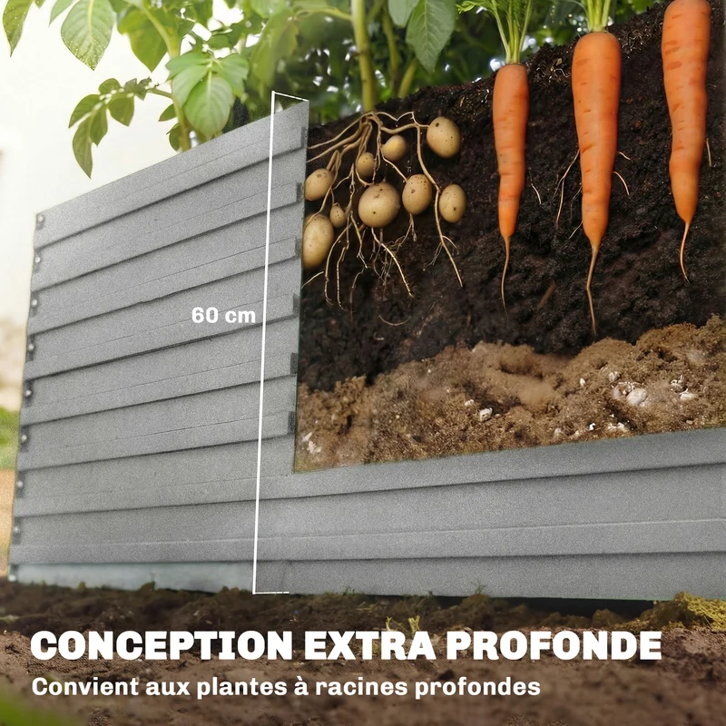 Jardinière surélevée potager 240 x 120 x 60 cm fond ouvert renforts internes jardin industriel en acier galvanisé gris 21_0005507