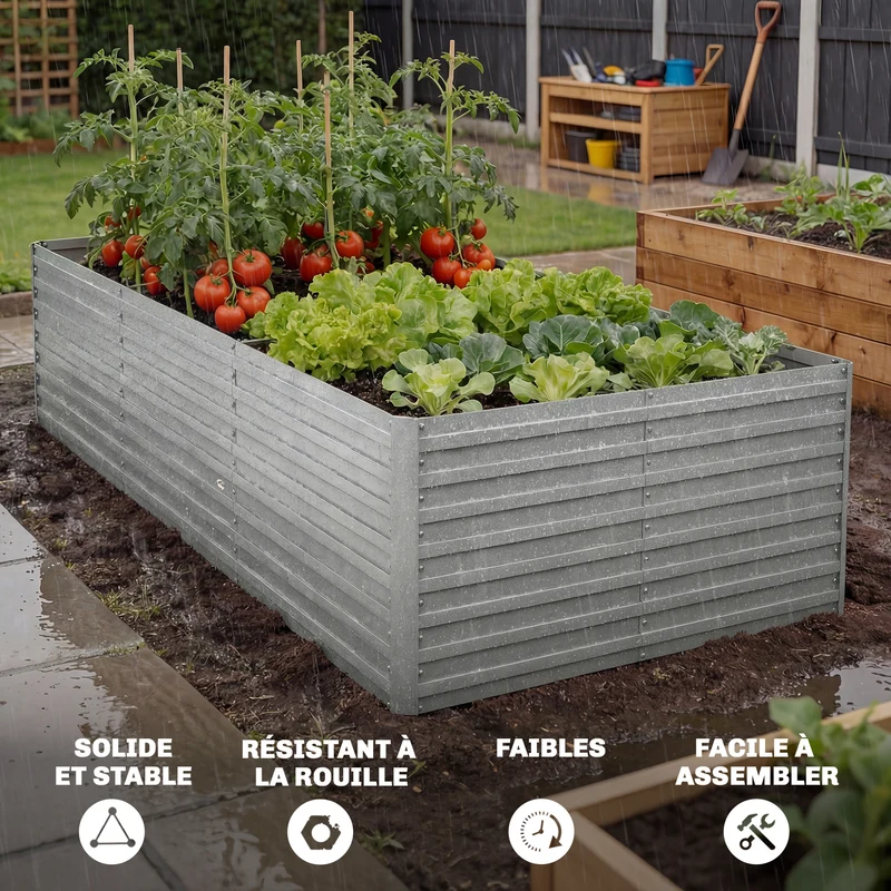 Jardinière surélevée potager 240 x 120 x 60 cm fond ouvert renforts internes jardin industriel en acier galvanisé gris 21_0005507