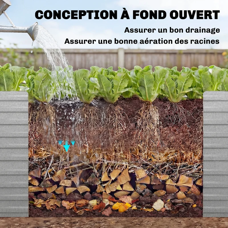 Jardinière surélevée potager 240 x 120 x 60 cm fond ouvert renforts internes jardin industriel en acier galvanisé gris 21_0005507