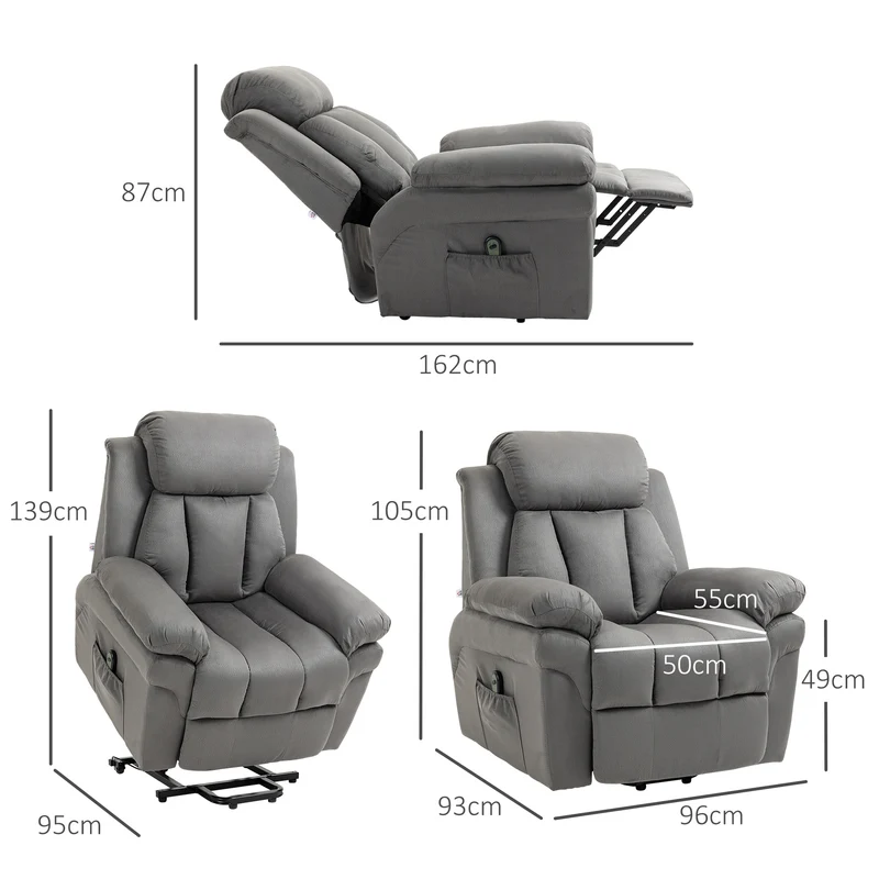 Fauteuil releveur motorisé de relaxation 96 x 93 x 105 cm repose-pieds réglable aide au lever classique en velours gris 21_0000859