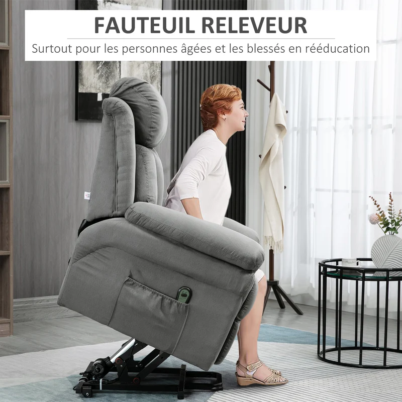 Fauteuil releveur motorisé de relaxation 96 x 93 x 105 cm repose-pieds réglable aide au lever classique en velours gris 21_0000859