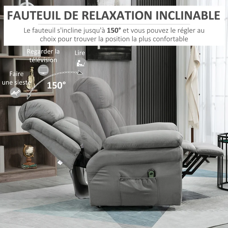 Fauteuil releveur motorisé de relaxation 96 x 93 x 105 cm repose-pieds réglable aide au lever classique en velours gris 21_0000859