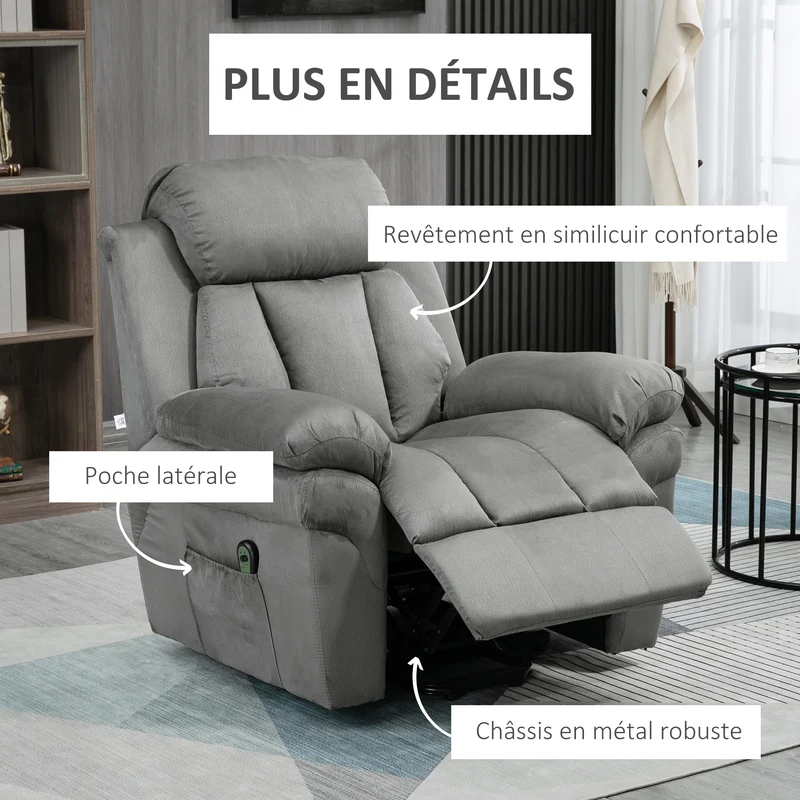 Fauteuil releveur motorisé de relaxation 96 x 93 x 105 cm repose-pieds réglable aide au lever classique en velours gris 21_0000859