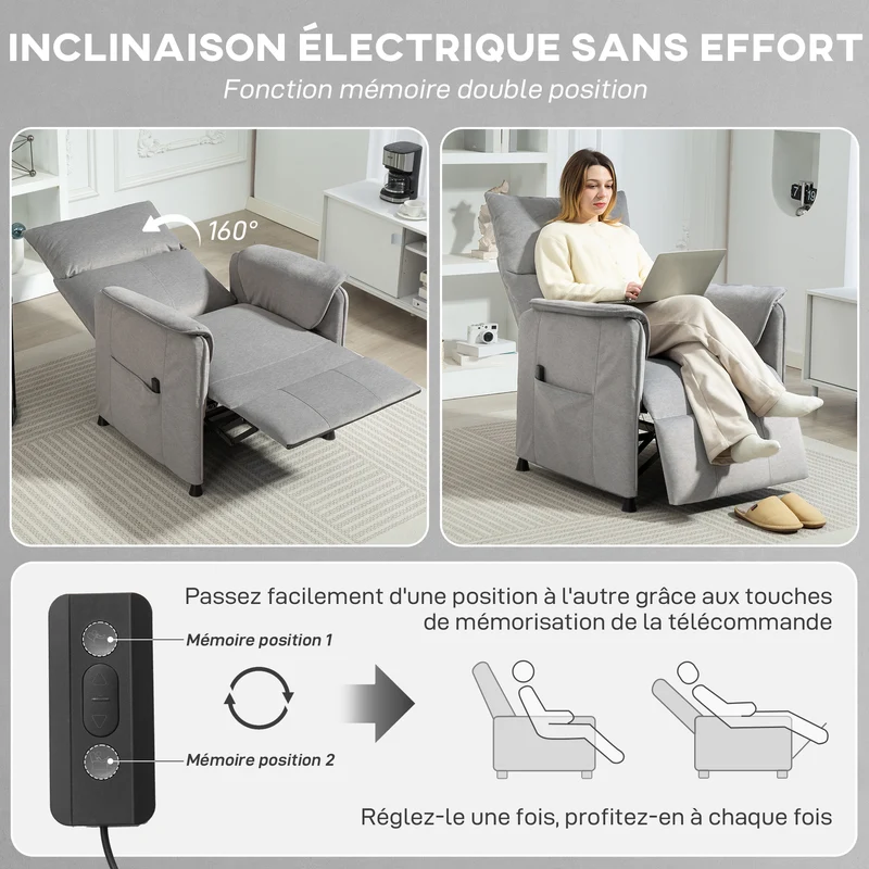 Fauteuil relax électrique 80 x 83 x 104 cm inclinaison 160° mémoire 2 positions moderne ambiance cosy en velours gris 21_0003492