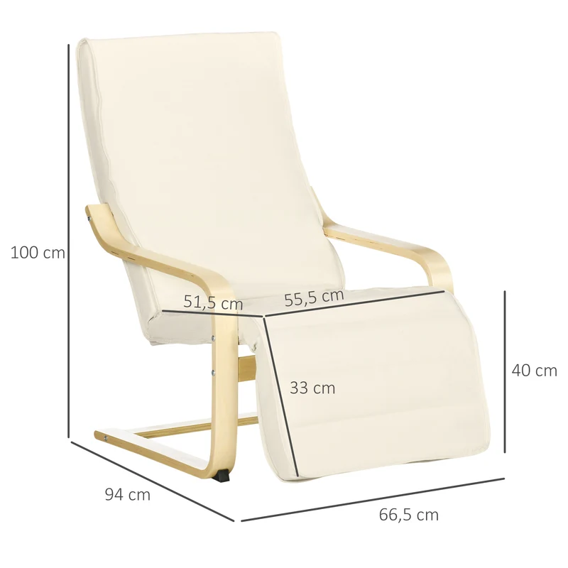 Fauteuil de salon 94 x 66.5 x 100 cm repose-pied 5 positions assise rembourrée ergonomique scandinave en coton crème 21_0001691