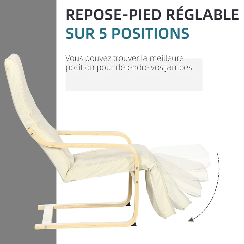 Fauteuil de salon 94 x 66.5 x 100 cm repose-pied 5 positions assise rembourrée ergonomique scandinave en coton crème 21_0001691