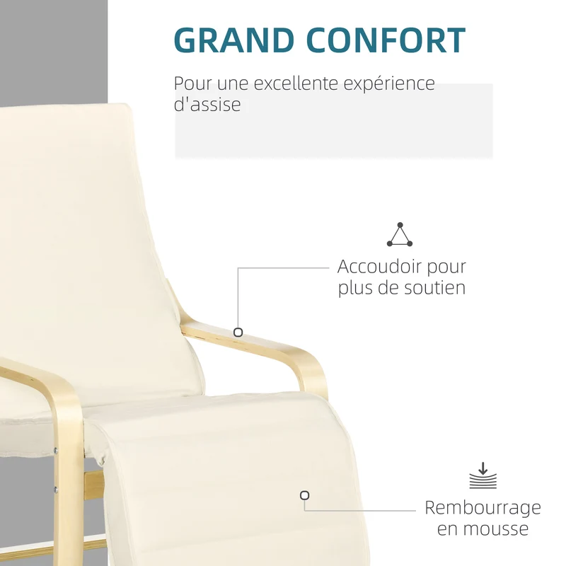 Fauteuil de salon 94 x 66.5 x 100 cm repose-pied 5 positions assise rembourrée ergonomique scandinave en coton crème 21_0001691