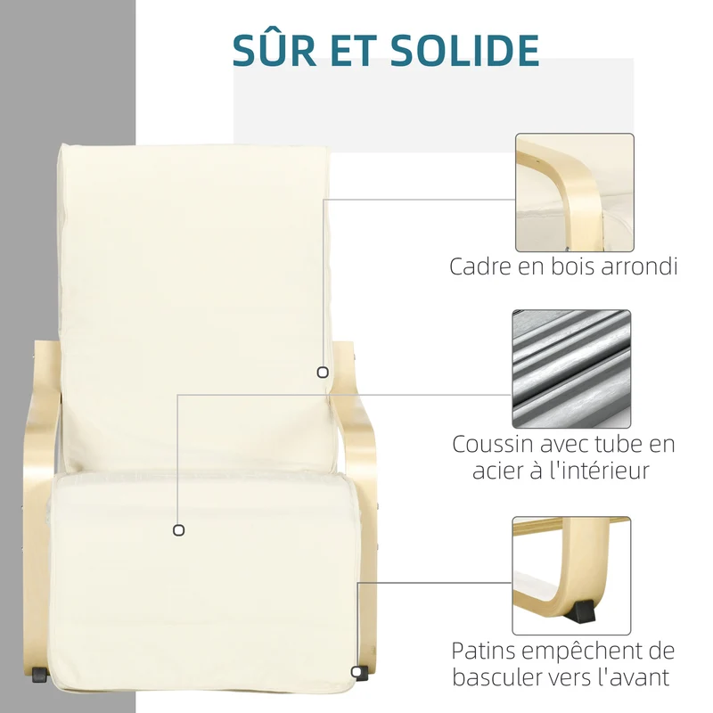 Fauteuil de salon 94 x 66.5 x 100 cm repose-pied 5 positions assise rembourrée ergonomique scandinave en coton crème 21_0001691