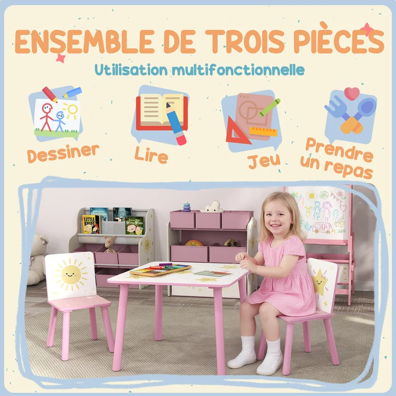 Ensemble table et 2 chaises enfant chambre 60 x 60 x 44 cm bords arrondis sécurité léger mobile scandinave en MDF rose 21_0000228