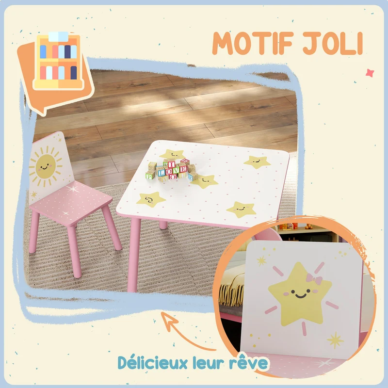Ensemble table et 2 chaises enfant chambre 60 x 60 x 44 cm bords arrondis sécurité léger mobile scandinave en MDF rose 21_0000228