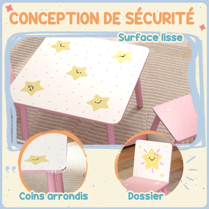Ensemble table et 2 chaises enfant chambre 60 x 60 x 44 cm bords arrondis sécurité léger mobile scandinave en MDF rose 21_0000228