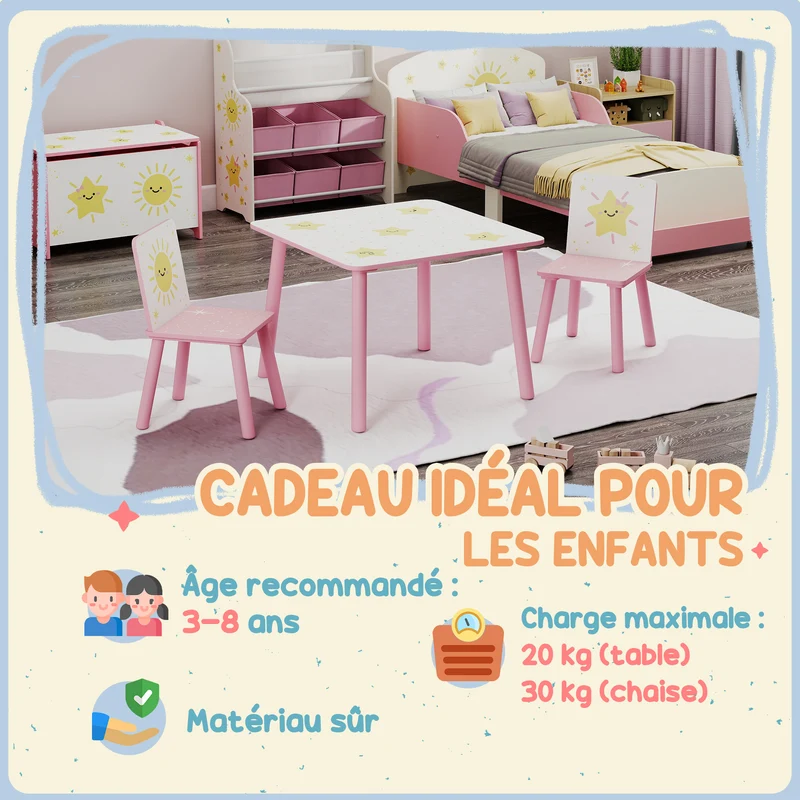 Ensemble table et 2 chaises enfant chambre 60 x 60 x 44 cm bords arrondis sécurité léger mobile scandinave en MDF rose 21_0000228
