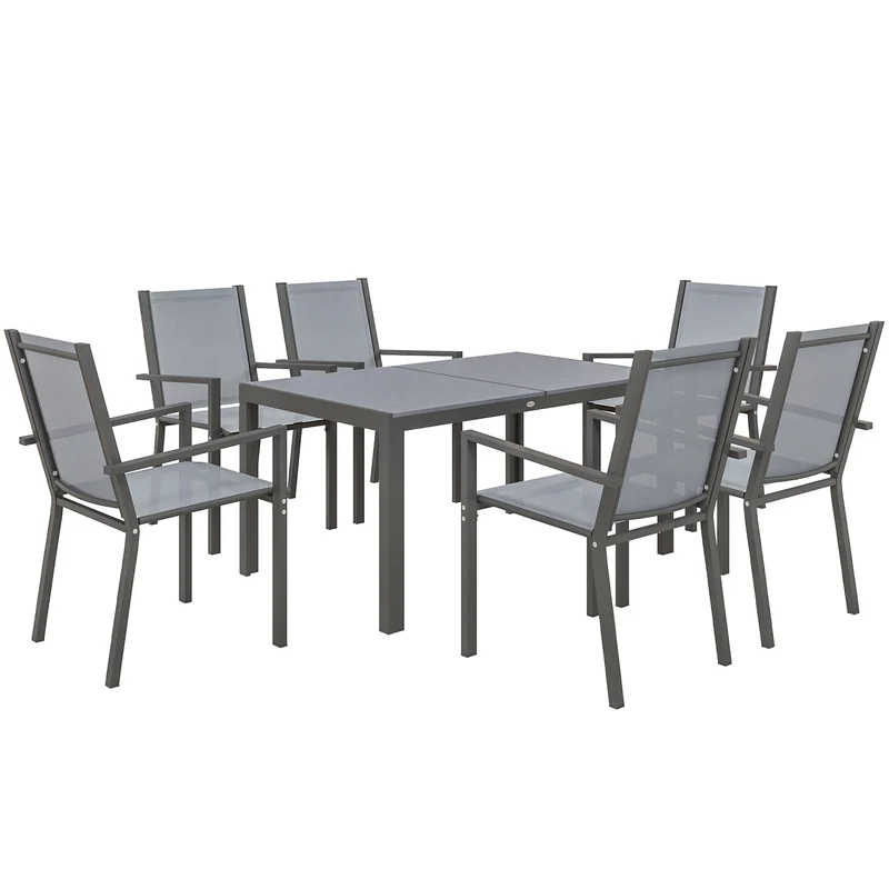 Ensemble jardin rectangulaire 150 x 90 x 73 cm 6 chaises empilables dossiers hauts rustique extérieur en acier gris foncé 21_0005244