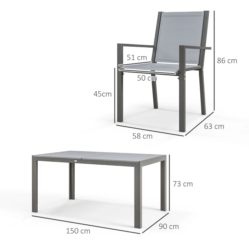 Ensemble jardin rectangulaire 150 x 90 x 73 cm 6 chaises empilables dossiers hauts rustique extérieur en acier gris foncé 21_0005244