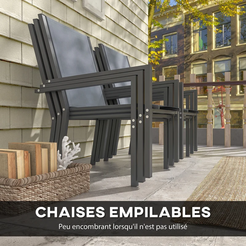 Ensemble jardin rectangulaire 150 x 90 x 73 cm 6 chaises empilables dossiers hauts rustique extérieur en acier gris foncé 21_0005244