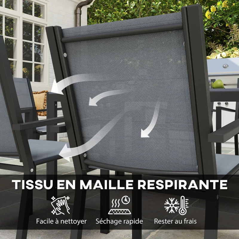 Ensemble jardin rectangulaire 150 x 90 x 73 cm 6 chaises empilables dossiers hauts rustique extérieur en acier gris foncé 21_0005244