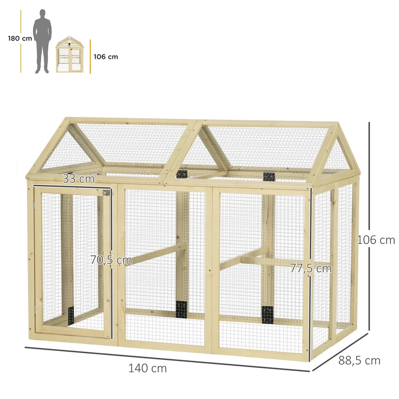 Enclos poulailler grillagé 140 x 88,5 x 106 cm protection anti-prédateurs portes verrouillables rustique en bois naturel 21_0007960