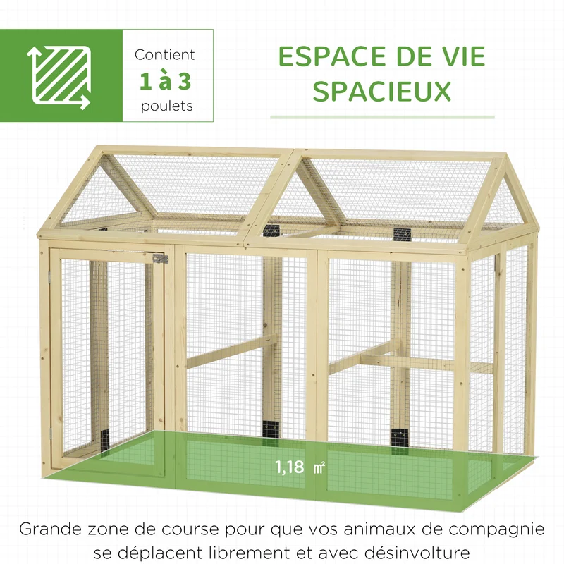 Enclos poulailler grillagé 140 x 88,5 x 106 cm protection anti-prédateurs portes verrouillables rustique en bois naturel 21_0007960