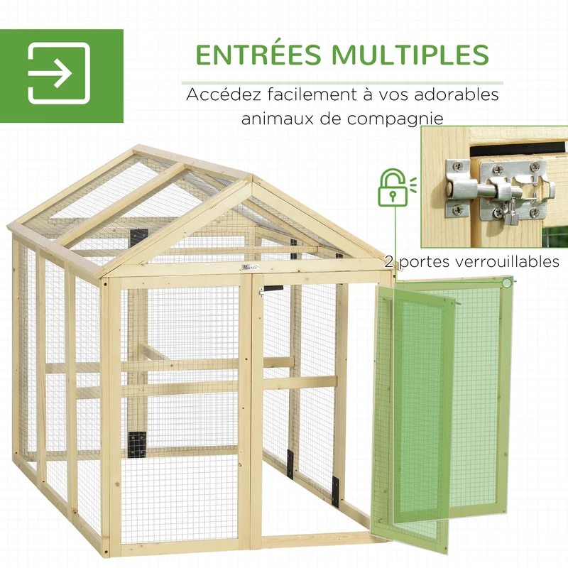 Enclos poulailler grillagé 140 x 88,5 x 106 cm protection anti-prédateurs portes verrouillables rustique en bois naturel 21_0007960
