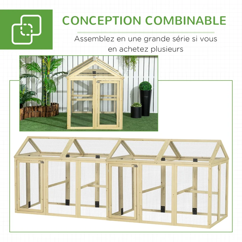 Enclos poulailler grillagé 140 x 88,5 x 106 cm protection anti-prédateurs portes verrouillables rustique en bois naturel 21_0007960