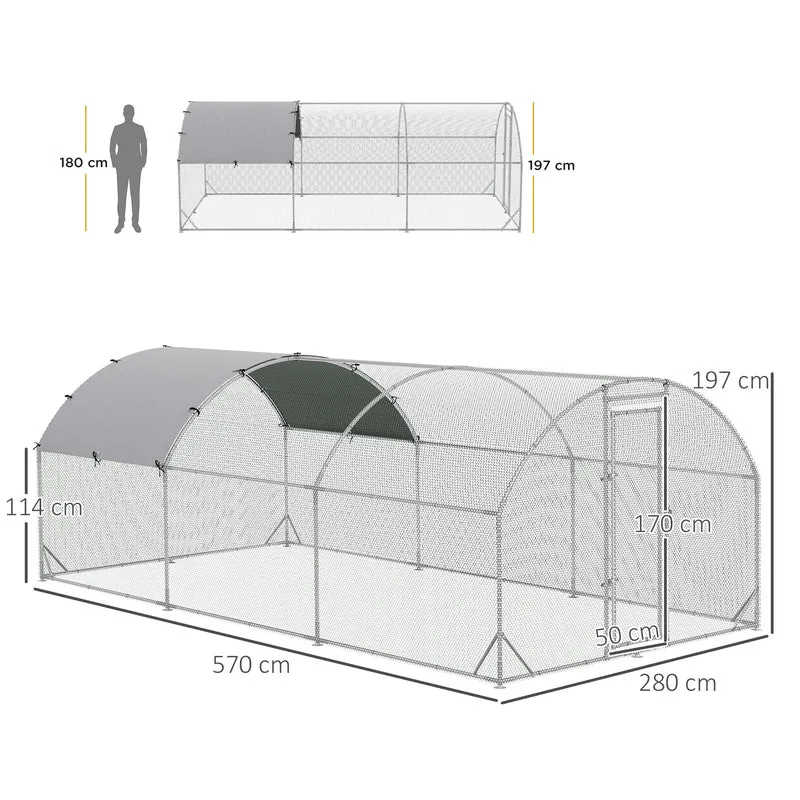 Enclos poulailler extérieur 2,8 x 5,7 x 1,97 m porte verrouillable toit anti uv industriel en acier galvanisé argent 21_0007946