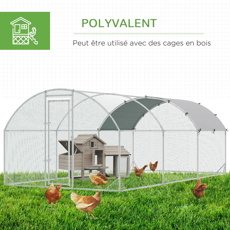 Enclos poulailler extérieur 2,8 x 5,7 x 1,97 m porte verrouillable toit anti uv industriel en acier galvanisé argent 21_0007946