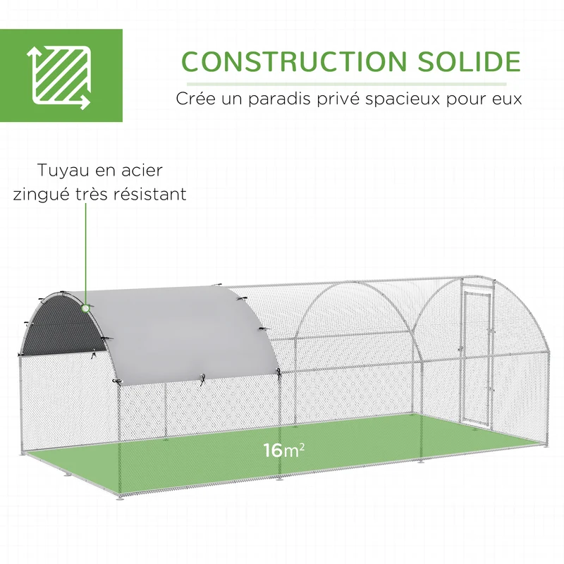 Enclos poulailler extérieur 2,8 x 5,7 x 1,97 m porte verrouillable toit anti uv industriel en acier galvanisé argent 21_0007946