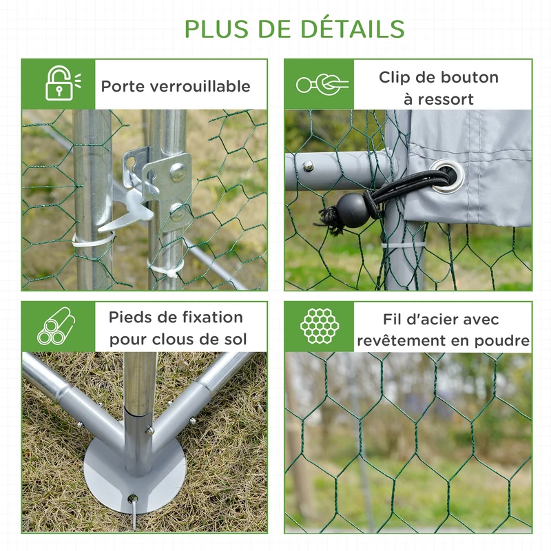 Enclos poulailler extérieur 2,8 x 5,7 x 1,97 m porte verrouillable toit anti uv industriel en acier galvanisé argent 21_0007946