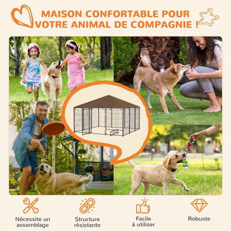 Chenil extérieur pour chiens sécurisé 211 x 211 x 151 cm imperméable facile à monter style contemporain en acier noir 21_0007286
