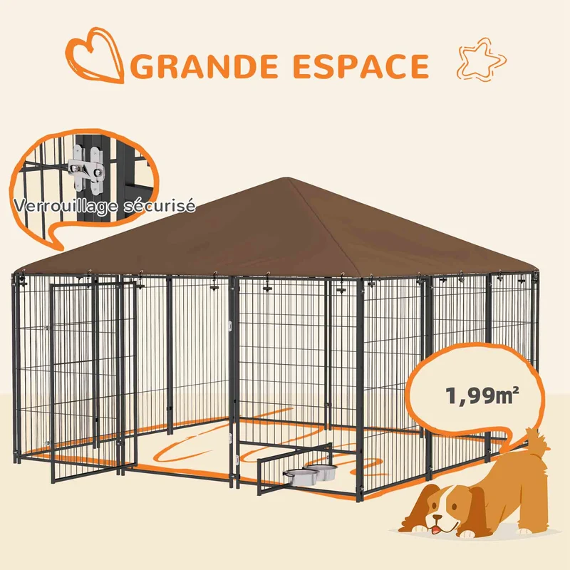 Chenil extérieur pour chiens sécurisé 211 x 211 x 151 cm imperméable facile à monter style contemporain en acier noir 21_0007286