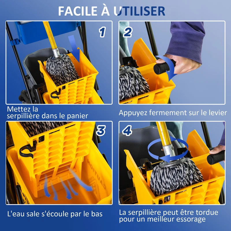 Chariot de ménage professionnel 78 x 45 x 95 cm essoreuse latérale 26 l rangement intégré moderne en polypropylène jaune 21_0000929