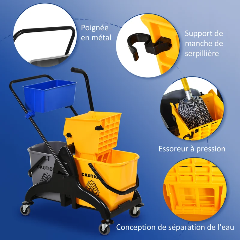 Chariot de ménage professionnel 78 x 45 x 95 cm essoreuse latérale 26 l rangement intégré moderne en polypropylène jaune 21_0000929