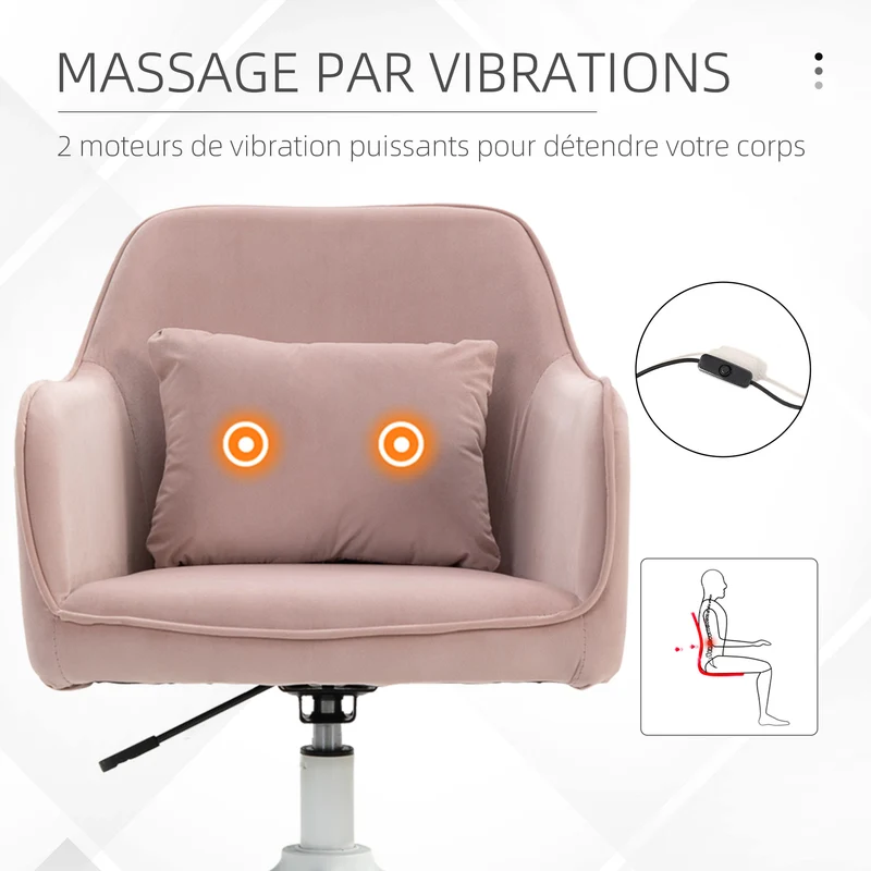 Chaise de bureau pivotante réglable 55 x 70 x 78-86 cm coussin lombaire massant contemporain en polyester rose poudré 21_0006185