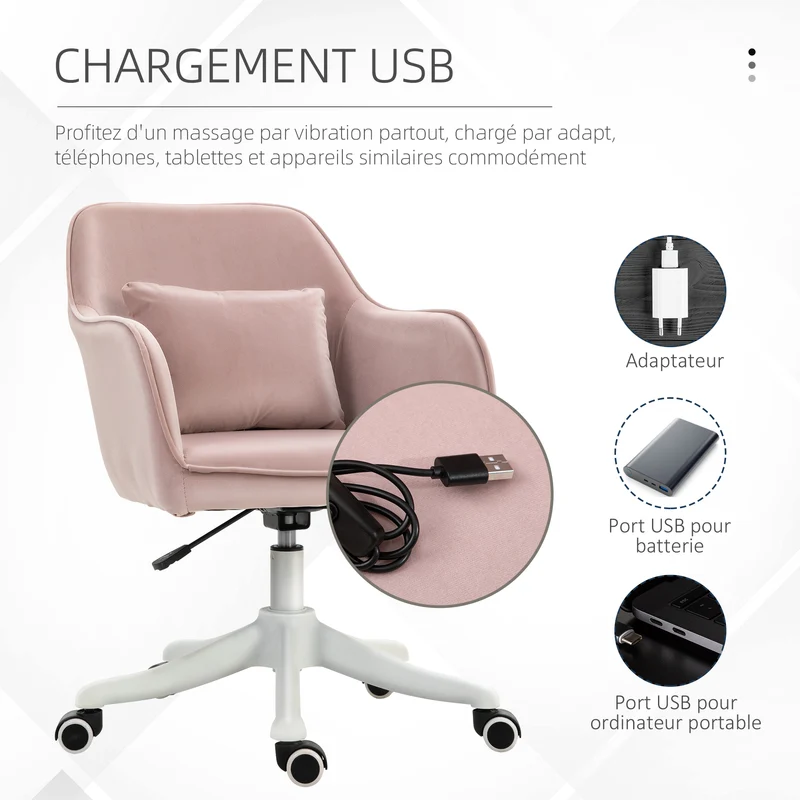 Chaise de bureau pivotante réglable 55 x 70 x 78-86 cm coussin lombaire massant contemporain en polyester rose poudré 21_0006185