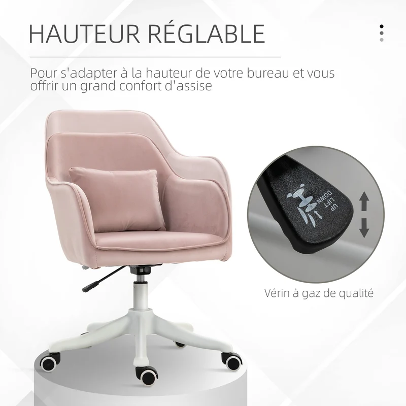 Chaise de bureau pivotante réglable 55 x 70 x 78-86 cm coussin lombaire massant contemporain en polyester rose poudré 21_0006185
