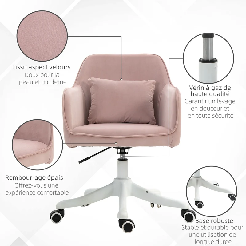Chaise de bureau pivotante réglable 55 x 70 x 78-86 cm coussin lombaire massant contemporain en polyester rose poudré 21_0006185
