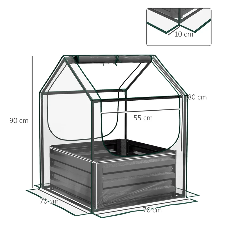 Carré potager surélevé mini serre 70 x 70 x 90 cm fond ouvert accès facile contemporain en acier galvanisé gris foncé 21_0004373