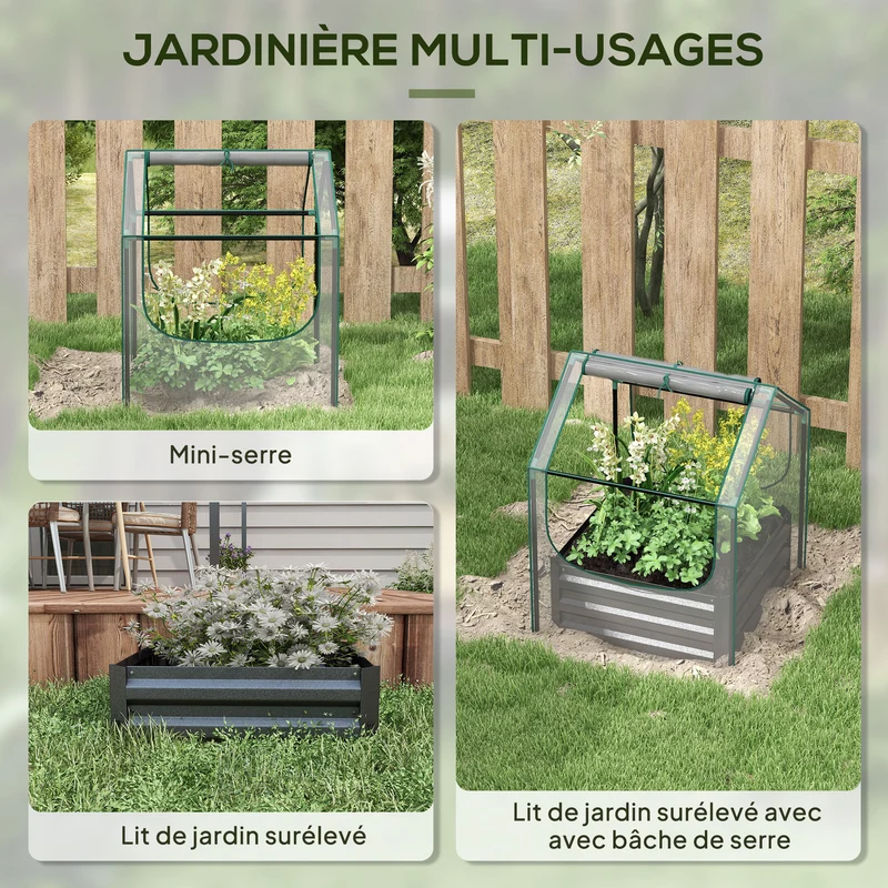 Carré potager surélevé mini serre 70 x 70 x 90 cm fond ouvert accès facile contemporain en acier galvanisé gris foncé 21_0004373