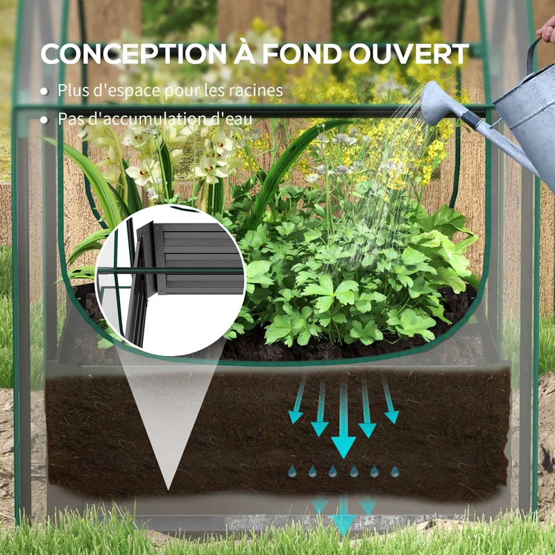 Carré potager surélevé mini serre 70 x 70 x 90 cm fond ouvert accès facile contemporain en acier galvanisé gris foncé 21_0004373