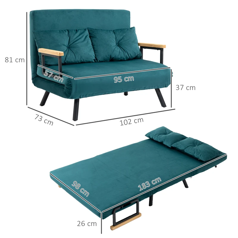 Canapé convertible 2 places 102 x 73 x 81 cm dossier réglable 5 positions assise mousse moderne en velours vert canard 21_0003141