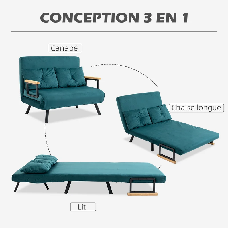 Canapé convertible 2 places 102 x 73 x 81 cm dossier réglable 5 positions assise mousse moderne en velours vert canard 21_0003141