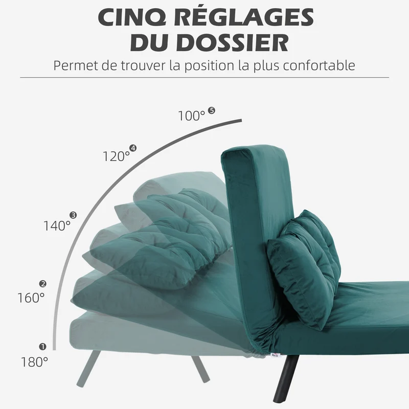 Canapé convertible 2 places 102 x 73 x 81 cm dossier réglable 5 positions assise mousse moderne en velours vert canard 21_0003141