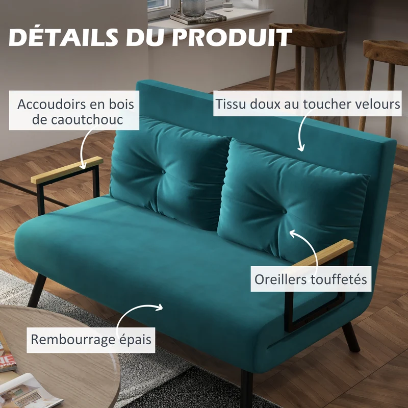 Canapé convertible 2 places 102 x 73 x 81 cm dossier réglable 5 positions assise mousse moderne en velours vert canard 21_0003141